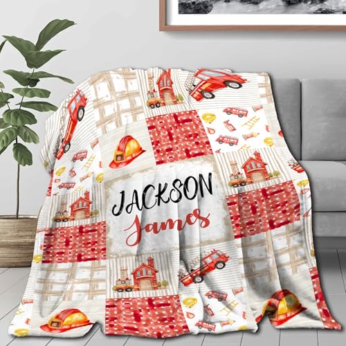 Image of Fire Trucks Firefighter Custom Blanket Gifts Personalized Fire Trucks Throw Blankets for Boys Girls Super Soft Fleece Flannel Air Conditioning Blanket for Couch Bed 50x40 in for Kid