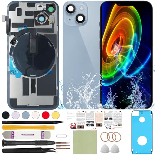 ReuWeu Rear Back Glass Replacement Compatible with iPhone 14 All Carriers 6.1" + Pre-Installed Plate + Wireless Charging Coil Flex Cable + Microphone + Flashlight + Camera Frame (Blue)