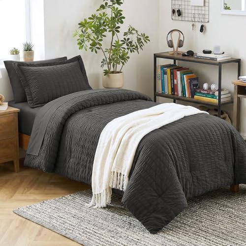 Image of CozyLux Twin Comforter Set with Sheets 5 Pieces, Dark Grey Seersucker Luxury Textured Bed in a Bag, Dark Gray All Season Bedroom Bedding Sets with Down Alternative Comforter, Sheets, Pillowcase & Sham
