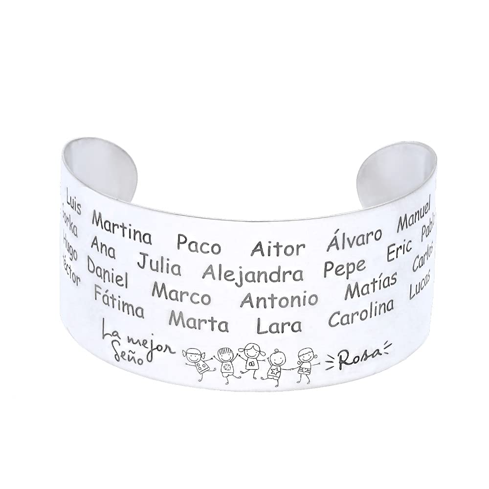 Pulsera de Plata de Ley 925/1000 para Profesoras con Cadena Rolo de 19cm - Regalo Artesanal de Fin de Curso - Hecho en España para la Profesora (Brazalete Teacher)