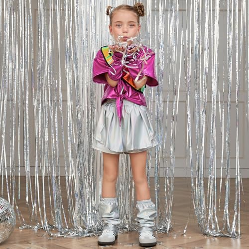 Image of Perfashion Girls Metallic Shirts Shiny Tie Front Knot Crop Top with Arm Sleeves for Dancing Raves Festivals 4-15 Years