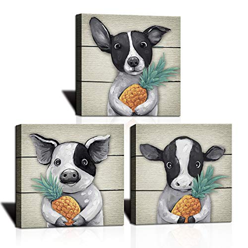Klvos Funny Animal Wall Art For Nursery Black White Dog Pig Cow Picture Pineapple Wall Decor For Kids Baby Bathroom Bedroom Modern Home Decoration Ready To Hang 12X12Inchx3 Panel #TOP30