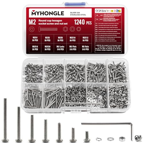 1240 Stück M2 Schrauben Set Linsenkopfschrauben mit Muttern Edelstahlschrauben mit innensechskant Schrauben Muttern Set Und Unterlegscheiben Sortiment Rundkopfschrauben Sechskantschrauben