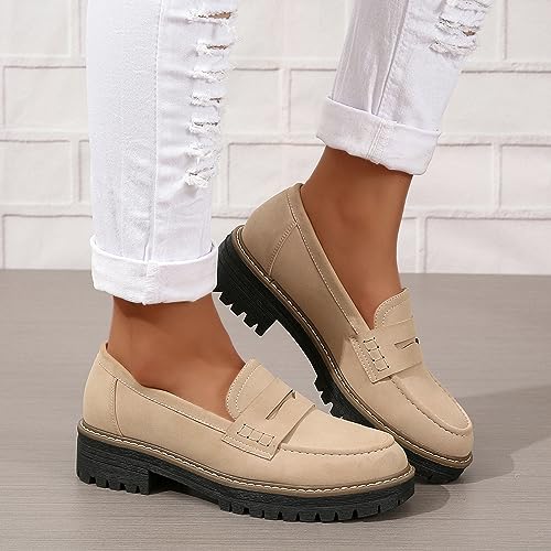 Image of Womens Loafers Slip On Casual Chunky Platform Heel Loafers Classic Penny Dressy Comfy Business Work Shoes Green Beige Black Red US5-11