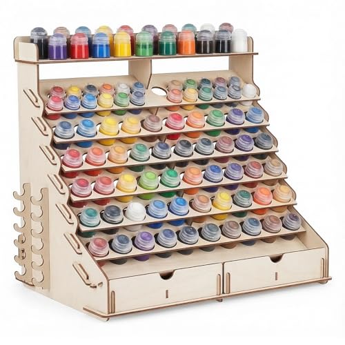 HOMIEE Wooden Paint Organiser 90 Holes Paint Storage Rack Suitable for Vallejo Citadel Tamiya Paint Bottles Plywood Organizer with 2 Drawers 2 Minis Stands and 6 Side Brushes Holders