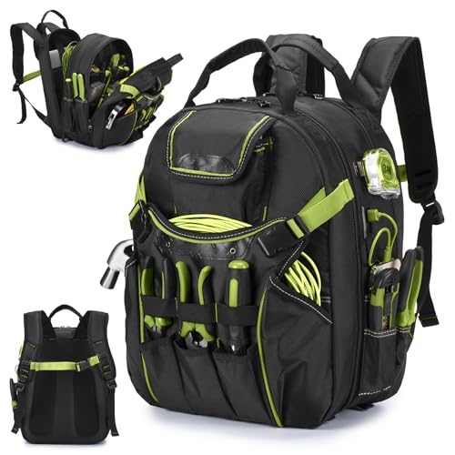 BAGZY Werkzeugtasche für Elektriker mit 17 Zoll Laptop -Abteil Oxford Wasserdichte Werkzeugsatz Rucksack mit USB-Anschluss Tragbar Herren Werkzeugrucksack für Elektriker,Tischler,Bauarbeiter Grün