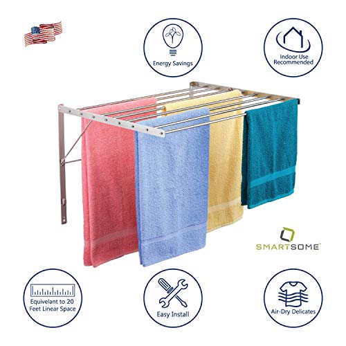 Smartsome | Wall Mounted | Clothes Drying Rack | 30" Wide | 20 Linear Feet Capacity | 8 Smooth Round Stainless Steel Rods | 60 Lb Capacity | Fully Assembled | Compact Sturdy Space-Saving Design #TOP3