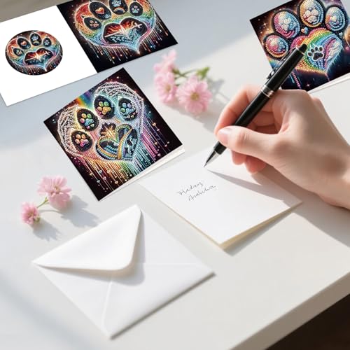 Image of 6 Pack Diamond Painting Greeting Cards with Envelopes, DIY 5D Diamond Art Card Kit Colorful Artistic Paw Designs, 30x15cm Handmade Rhinestone Cards Crafts for Pet Lovers and Creative Greetings