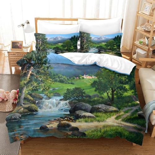 Housse de couette microfibre hypoallergique motif montagne 3D super douce - 3
