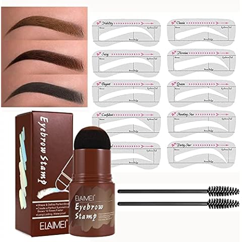 One Step Eyebrow Stamp and Professional Eyebrow Stencil Kit, with 10 Reusable Eyebrow Stencils, Eyebrow Pen Brush, Long Lasting Waterproof, Hairline Shadow Powder Stick for Women (Dark Brown) Cover