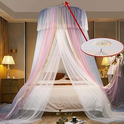 Mosquito Net Bed Canopy with Lights Princess Bed Netting Canopy for Bedroom Decoration Double Layer Round Dome Canopy Bed Curtains,Pink
