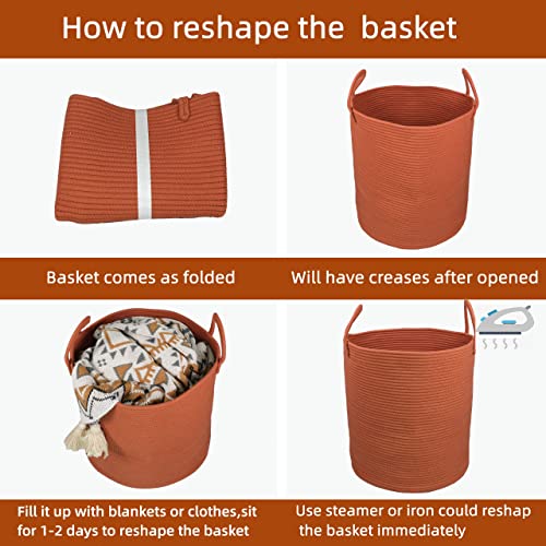 Image of XUANGUO Cotton Rope Laundry Basket Hamper for Clothes Large Rust Red | Baby Nursery Hamper Bin and Woven Storage Basket for Living Room Bedroom Boho Tall Rope Baskets Blankets Toys Pillows Towels