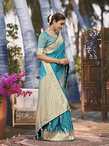 Image of MANOHARI Women's Trendy Banarasi Satin Silk Woven Saree with Heavy Jacquard Work, Elegant Design, Silk Saree with Maching Lace Border Unstitched Blouse Piece for Weddings & Festive Occasions