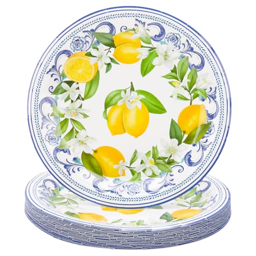 BUWUSMU 120 Pack Capri Lemon Paper Plates 7 Inch, Blue Tile Yellow Disposable Party Plates Set for Lemon Theme Birthday Party Supplies, Serve 120 Guests