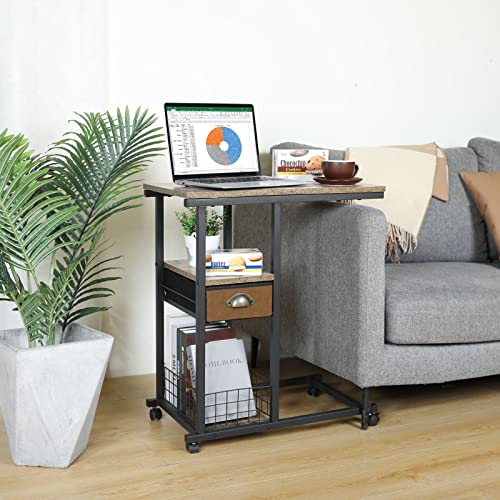Large Mobile C Shaped Couch Side Table Desk With Drawer, 23.63''L X 13.77''W X 27.55''H, End Table Cart With Removable Caster, Industrial Sofa Table, Rolling Bedside Desk For Living Room, Bedroom #TOP4