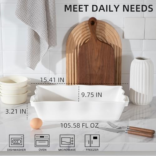 Sweejar Casserole Dishes for Oven, Ceramic 9x13 Baking Dish, Wave Edge Bakeware with Handles, Large Rectangular Lasagna Pan Deep for Roasting, Baking, Cooking, Banquet and Daily Use (Beige) - Thumbnail 4