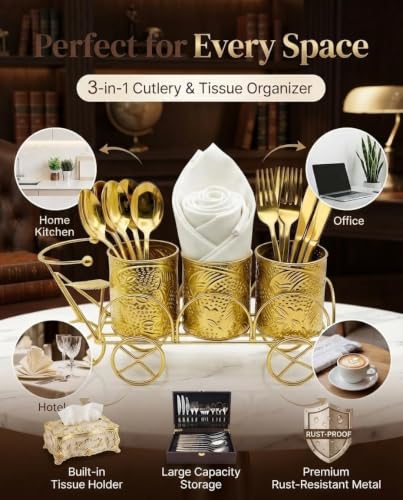 Image of Global 3-Compartment Cutlery Holder | Spoon Stand | Tissue Holder for Dining Table & Kitchen | Multi-Purpose Cutlery set for Dining Table-Gold
