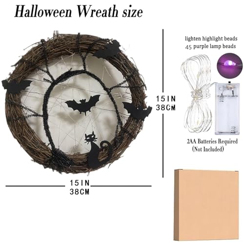 Halloween Lighted Wreath - 15 Inch Bat & Cat Decor for Door - Image 5