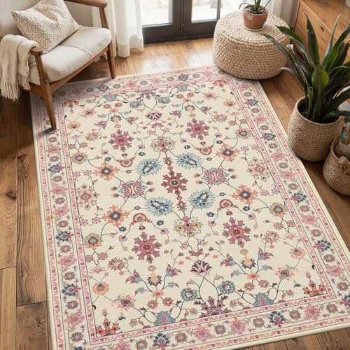 Rugxara Pink Rug for Living Room Bedroom, Floral 3x5 Washable Area Rug, Vintage Boho Throw Rugs, Non Slip Flower Carpet for Indoor Dining Room, Girls Room, Nursery Room and Kids Room(Blush Pink 3x5ft)