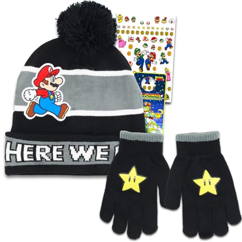 Image of Super Mario Winter Hat and Mittens Set - Bundle with Knit Beanie, Gloves, Stickers for Toddlers | Super Mario Bros Cold Weather Pack for Kids