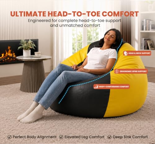Image of Sattva Classic 4XL Sofa Style Bean Bag Chair with Beans Filled | Faux Leather Teardrop Bin Bags for Adults | Beanbags with Beans Filling | Pre-Filled Beans Bag for Home & Office (Black & Yellow)
