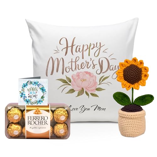 Image of TIED RIBBONS Gift for Mom, Birthday Gift for Mom Gift Combo Women Wife Mother in Law Mummy | Artificial Flower With Pot | Printed Cushion with Filler (12 X 12 Inch) | Chocolate Gift Pack | Card