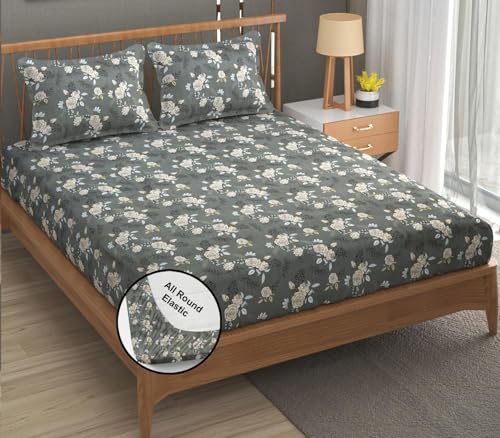 Image of 210 TC Glace Cotton Soft Cotton Elegent Design Fitted King Size 72x78x10 inches Bedsheet Set - Lightweight & Durable 1 Bed Sheet with 2 Pillowcase 17x27 inches GreyFlower