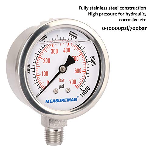 MEASUREMAN 2-1/2" dial,Glycerin Filled Hydraulics Pressure Gauge Stainless Steel case, 316 SS Wetted Part, 0-10000psi/bar1/4 NPT,Lower Mount - Thumbnail 2