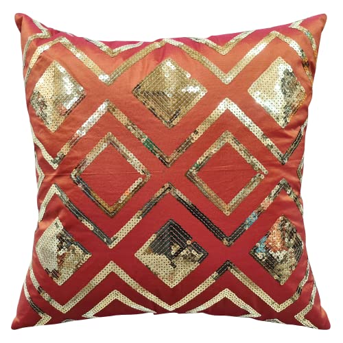 Image of Checks Rust Gold Sequin Cushion Covers Size - 40x40 (Pack of 3)