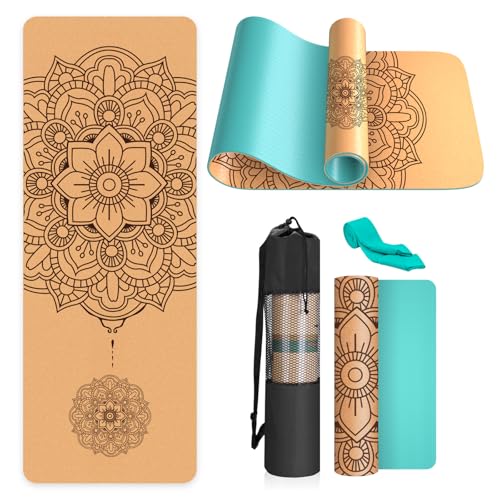Kork-Yogamatte, rutschfest, einzigartiges Design, natürlicher Kork, TPE-Material, Fitness-Trainingsmatte mit Tragetasche und Gurt, für Zuhause, Pilates, Aerobic Fitnessstudio und Workout(Türkis-1#) Kork-Yogamatte, rutschfest, einzigartiges Design, natürlicher Kork, TPE-Material, Fitness-Trainingsmatte mit Tragetasche und Gurt, für Zuhause, Pilates, Aerobic Fitnessstudio und Workout(Türkis-1#)