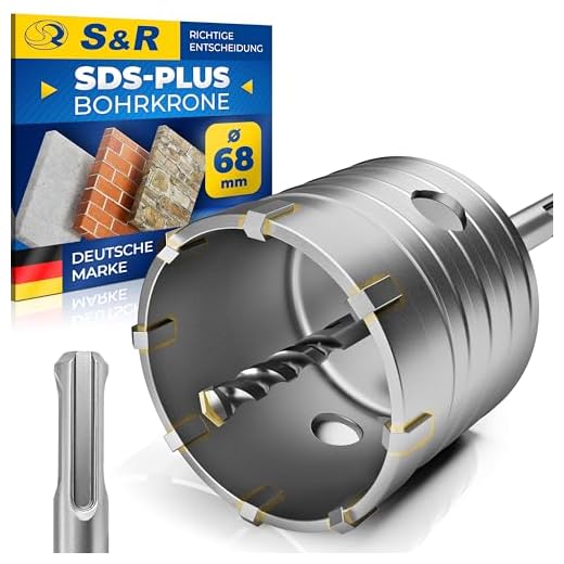 S&R Hohl-Bohrkrone Set Ø 68mm mit SDS plus Adapter 110mm und Zentrierbohrer 8x110mm, Steckdosen Bohrkrone 68mm, Hammerschlagfest, Dosenbohrer, Lochsäge, Steckdosenbohrer, für Bohrhämmer