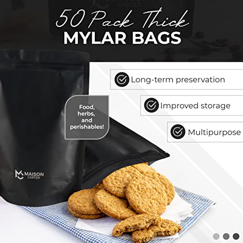 Mylar Bags For Food Storage - 50 Pack - 3 Bag Sizes - Small, Medium & 1 Gallon Large - Thick Vacuum Sealing Heat Sealable Leakproof Smell Proof - Long Term Dry & Dehydrated Food Storage Bag - Single Colored - Matte Black Reusable Bags #TOP3