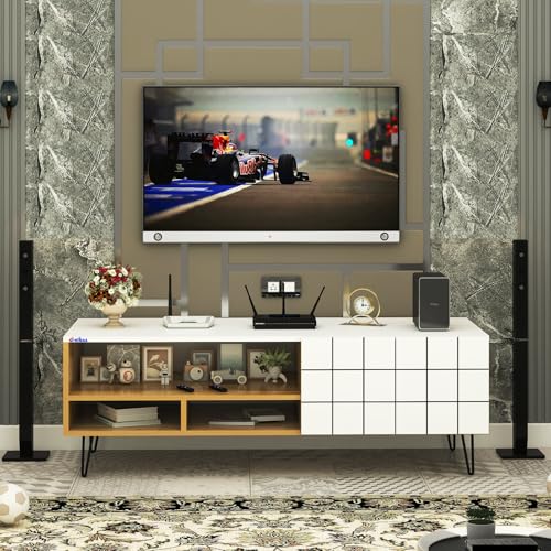 Image of Anikaa Axiora Engineered Wood Floor Standing TV Unit for Living Room | Modern Entertainment Console with 3-Open Boxes & 1-Closed Door Storage | Giantwood & White DIY (Do-it-Yourself) Installation