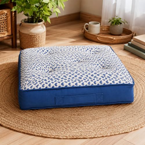 Image of Reversible 60x60x10 cm Blue Woven Quilted Floor Cushion with Cotton Filler for Seating, Patio Seat, Meditation, Yoga, Pooja, Guests, Living Room, Bedroom, Large Size 24x24x4 Inch