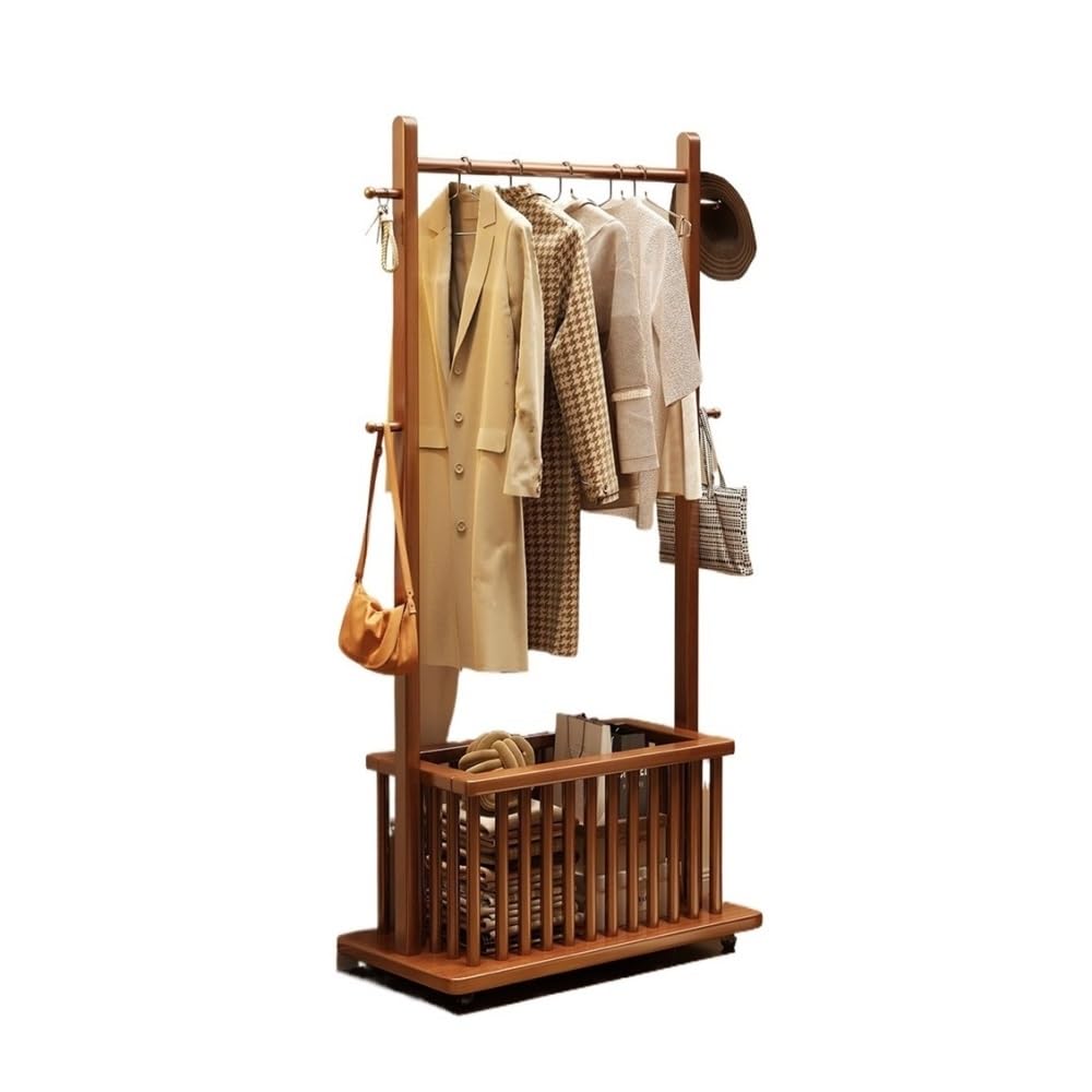 AILIUXIAOYAN Coat Rack Solid Wood Coat Rack Stand for Bedroom, Portable Free Standing Coat Rack with Storage Shelf, Entryway Clothes Hanger Organizer(Walnut,L)