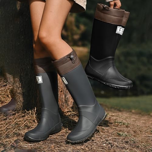 Gummistiefel für Damen, hoch, faltbar, wasserdicht, für Regen, Outdoor, Wandern, Hundespaziergänge, Wasserschuhe, Chelsea, grau, 37.5 EU