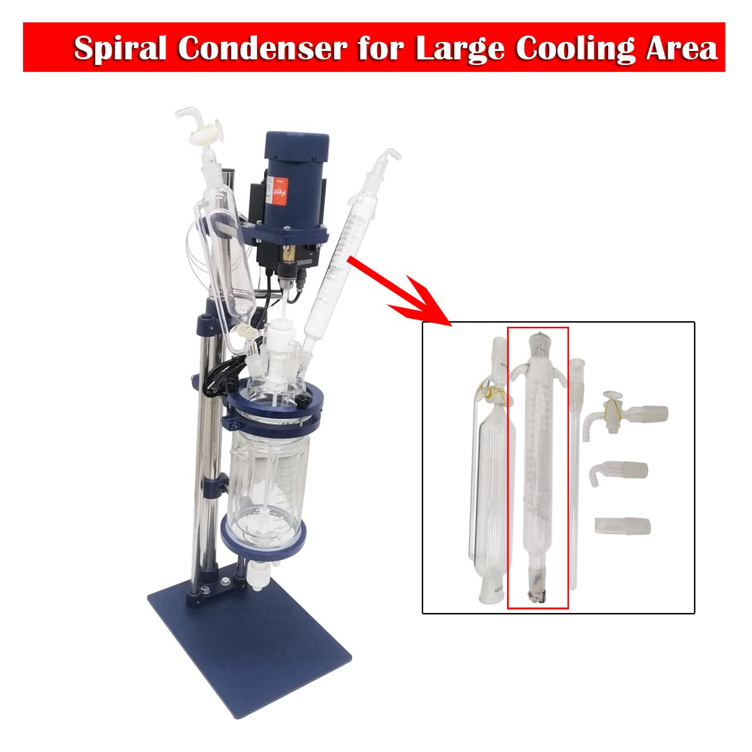 EQCOTWEA 2L Double Jacketed Glass Reactor Kit 110V Lab Glass Reactor Vessel with Digital Display, 0-600 RPM Stirrer & -0.098MPa Vacuum, Reaction Kettle for Chemical Synthesis Distillation Extraction
