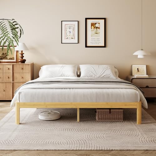 Image of 14 Inch King Bamboo Platform Bed,Mid-Century Wood Bed Frame King Size, No Box Spring Needed, Natural Finish, Easy Assembly
