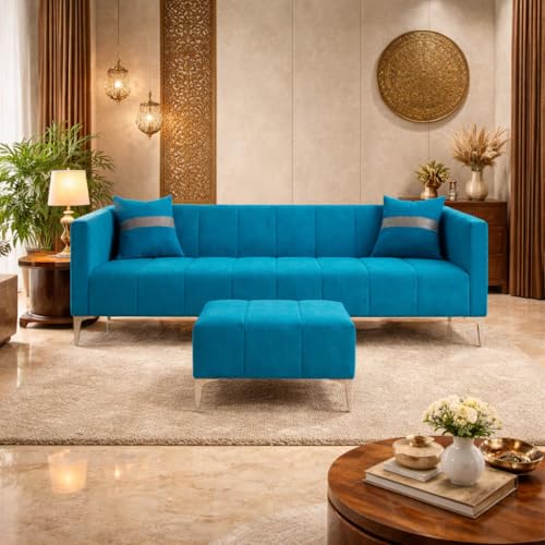 Image of Solomon 4 Seater L Shape Sofa Set with Movable Ottoman | Flexible Left or Right Layout | Luxe Velvet Suede Fabric | Comfortable Seating | Modern Sofa for Living Room - Aqua Blue