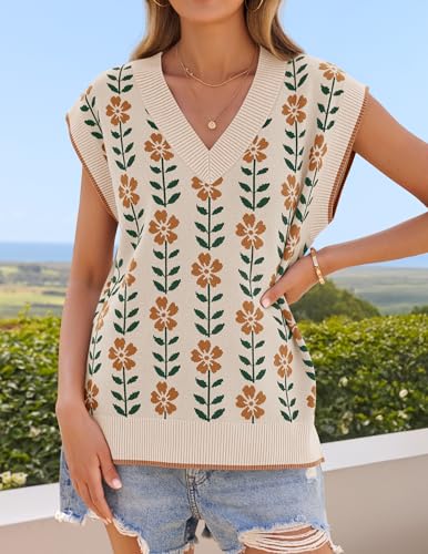 ZESICA Women's Floral V Neck Sweater Vest 2026 Summer Oversized Sleeveless Loose Knit Tank Tops Casual Outfits Apricot X-Large — view 3