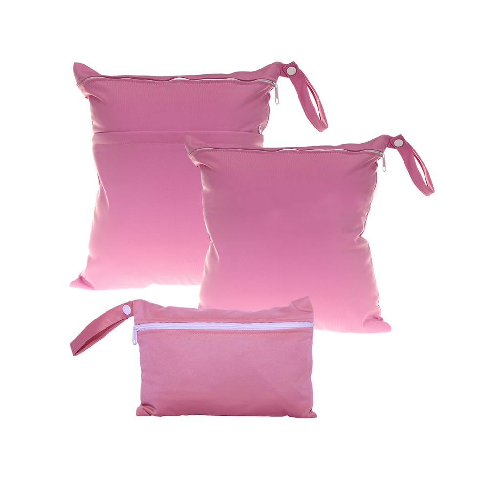 Hixingo 3 Packs Wet Bag, Reusable Washable Nappy Stuff Sack, Portable Waterproof Wet Dry Organizer Bag Sack with Zipper Pockets, for Clothes, Swimming, Travel, Beach (Pink,3pcs)