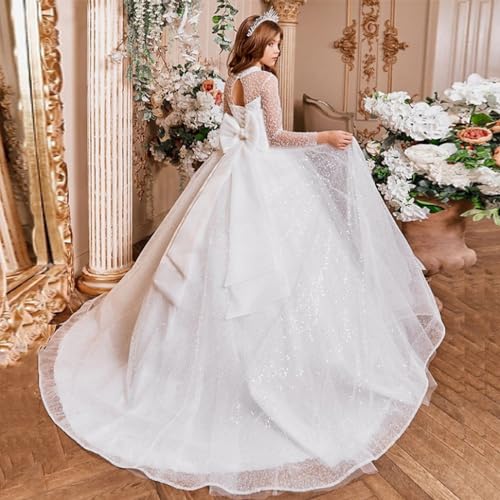 Lace Flower Girl Dress Long Sleeve Backless Big Girls Formal Long Bowknot Pageant Prom Wedding Tulle Dresses3