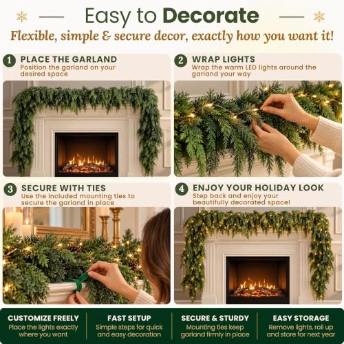 9ft Artificial Cedar Garland with LED String Lights, Garland Ties - image 5
