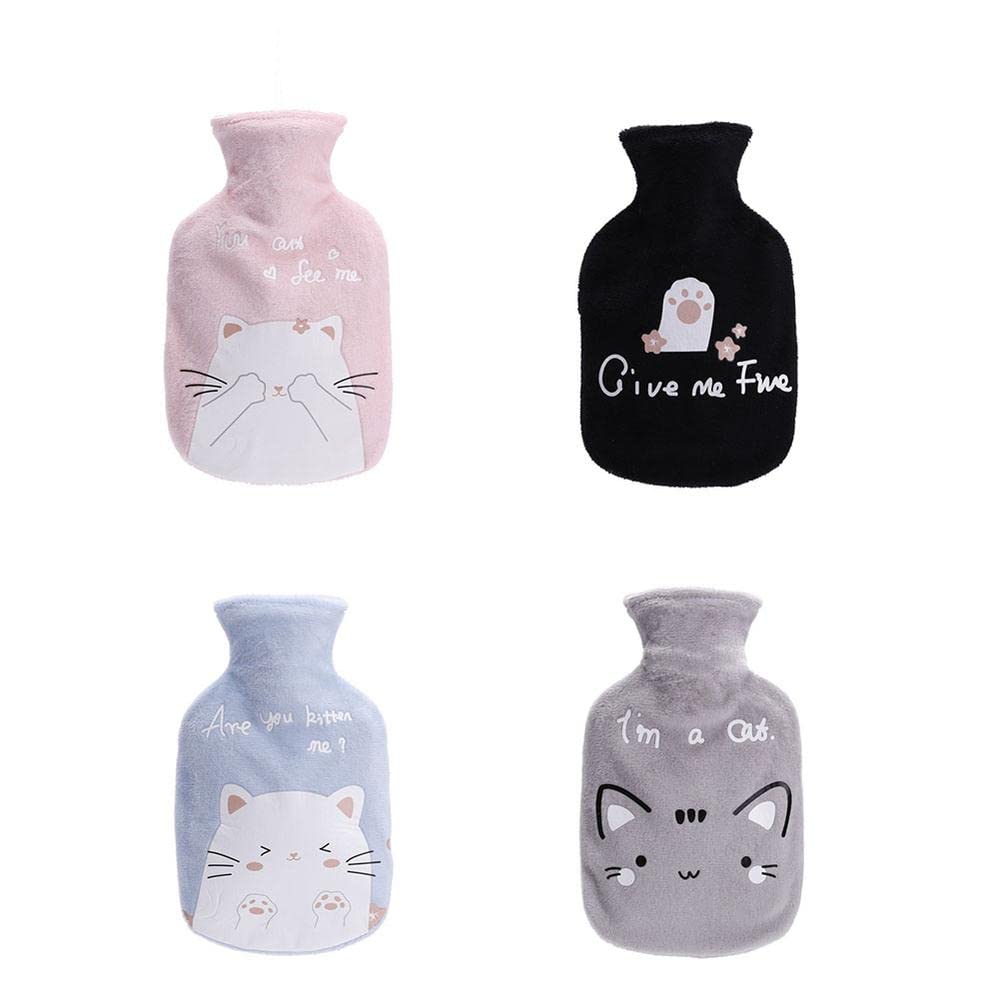 Wärmflasche mit Bezug, Katzenmuster, 350 ml, Gummi-Wärmtasche zur Schmerzlinderung, Handwärmer, Geschenk für Frauen und Mädchen, Mix – 4 Stück