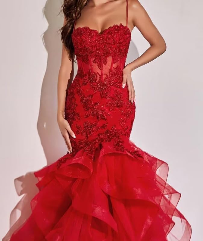 Lace Applique Mermaid Prom Dress for Women Tulle Ball Gown Long Spaghetti Strap Formal Evening Dress MR25