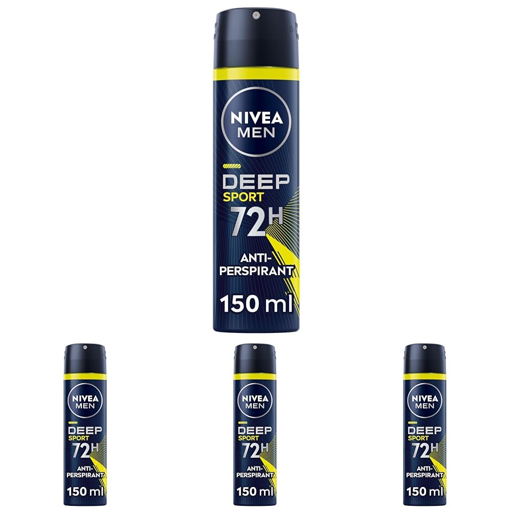 NIVEA MEN Deep Sport Spray 150 ml, Deodorante uomo arricchito con Carbone Attivo per 72h di protezione, Deodorante spray antitraspirante per l'attività sportiva (Confezione da 4)