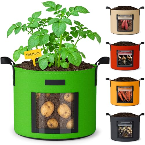 NESSTU 10 Gallon Potato Grow Bags: Set of 5 Colorful Gardening Supplies Fabric Pots with Harvest Window Reinforced Handles - Planting Container for Vegetable Tomatoes Carrot Flowers Balcony Patio Use