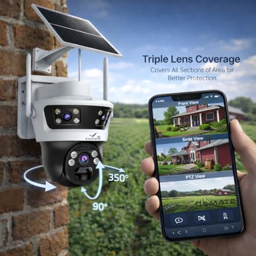 Image of Camate Phoenix 4G SIM Based Solar CCTV Camera 2+2+2MP Triple Lens | 180 Ultra Wide + PTZ 350 /90 | No WiFi Outdoor Security Camera with Two Way Audio, Color Night Vision, Motion Alarm