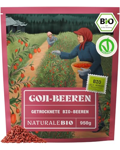 NaturaleBio Goji-Beeren 950 g. Traditionelle chinesische Trockenfrucht. Vegan reich an Ballaststoffen. Bio-Snack gentechnikfrei und glutenfrei.
