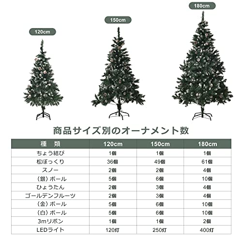 Kozomyer クリスマスツリー 120~180cm セット LEDライト付き オーナメントセット 雪化粧 豊富な枝数 スチール脚 北欧 おしゃれ クリスマス 飾り (80 x 150 cm) [3]